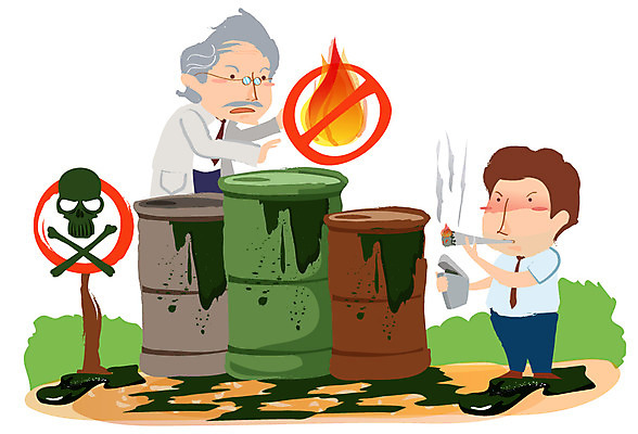 EPS 할아버지 노년 남자 일러스트 흡연 담배 경고 안전 사람 성인 야외 두명 독약 석유 위험 사회이슈 예방 화재 생활안전 라이터 담뱃불 기름통 부주의 남자만 성인남자만 노인만 성인만 노인남자만 국내일러스트 컨셉 통 사건 안전수칙 파일형식 벡터