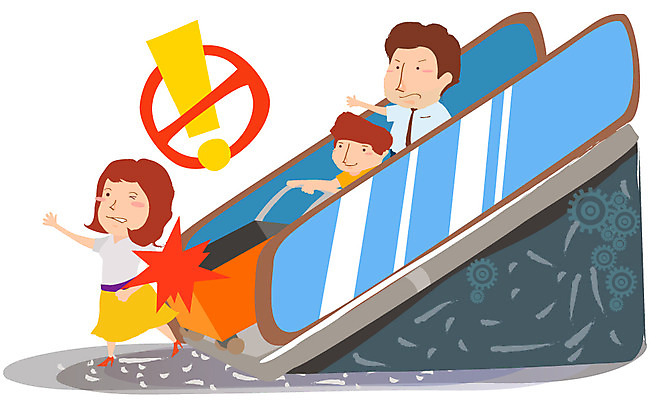 EPS 시설물 여자 남자 일러스트 실내 경고 안전 사람 소년 성인 세명 카트 고통 위험 사회이슈 예방 생활안전 조심 안전사고 무빙워크 부주의 사고예방 성인만 국내일러스트 건축물 감정 어린이 컨셉 내부 사건 안전수칙 파일형식 벡터