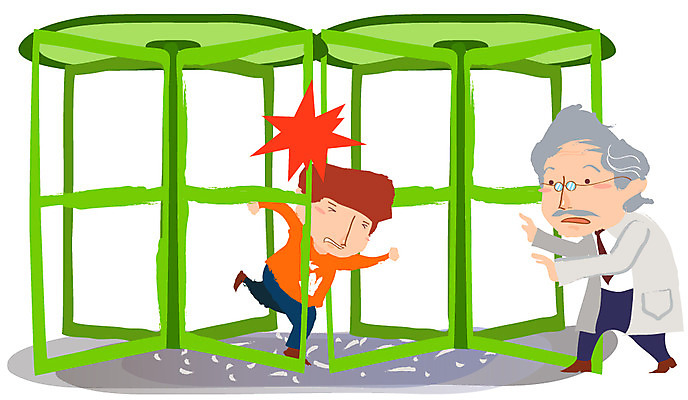 EPS 시설물 할아버지 노년 남자 어린이 일러스트 실내 박사 경고 안전 사람 소년 두명 고통 위험 예방 안전사고 사고예방 손끼임 회전문 남자만 끼임 국내일러스트 직업 건축물 감정 컨셉 성인 내부 문 사건 파일형식 벡터