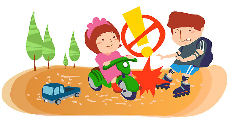 EPS 나무 여자 남자 어린이 일러스트 경고 안전 사람 소녀 소년 야외 두명 장난감 자전거 트럭 롤러블레이드 놀이터 위험 충돌 사회이슈 예방 생활안전 사고예방 세발자전거 어린이만 국내일러스트 식물 컨셉 자동차 놀이 취미 바이크 안전수칙 파일형식 벡터