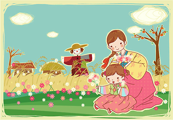 EPS 주간 구름 계절 여자 명절 기념일 꽃 전통문화 일러스트 놀이 하늘 논 사람 야외 두명 추석 화관 가을 농촌 시골 한복 코스모스 자매 허수아비 고향 중추절 여자만 국내일러스트 자연요소 식물 한국전통 전통 문화 농업 가족 이벤트 중국 전통의상 파일형식 벡터