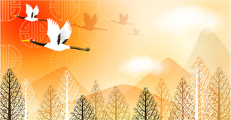 EPS 나무 동물 척추동물 사계절 계절 백그라운드 겨울 일러스트 자연 조류 근하신년 새해 풍경 사람없음 야외 학 눈 철새 겨울배경 국내일러스트 자연요소 식물 날씨 생태계 파일형식 벡터