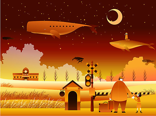 EPS 나무 별 어린이 컬러 여행 백그라운드 일러스트 상상 밤하늘 갈대 사람 야외 두명 판타지 주황색 달 야간 고래 아저씨 기차역 철길건널목 어린이만 국내일러스트 자연요소 식물 포유류 하늘 수중동물 기찻길 역 파일형식 벡터