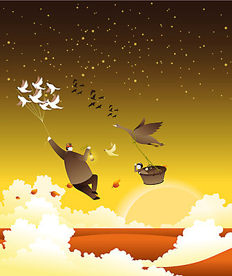 EPS 구름 어린이 백그라운드 일러스트 상상 조류 하늘 사람 야외 두명 판타지 노을 비행 아저씨 철새 기러기 어린이만 국내일러스트 자연요소 동물 파일형식 벡터