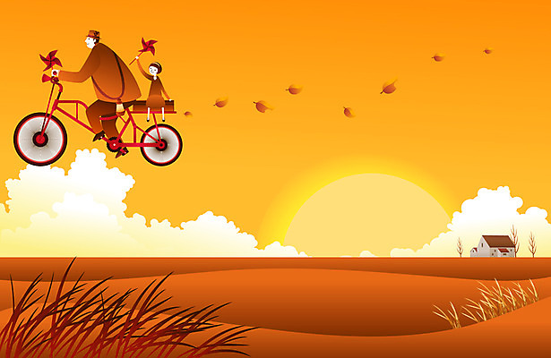 EPS 구름 어린이 컬러 여행 백그라운드 일러스트 상상 주택 갈대 사람 야외 두명 판타지 노을 자전거 주황색 일몰 비행 바람개비 지평선 아저씨 자전거여행 어린이만 국내일러스트 자연요소 식물 건물 바이크 파일형식 벡터