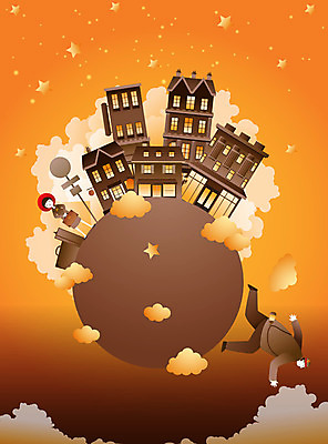 EPS 구름 별 지구 어린이 컬러 여행 백그라운드 일러스트 상상 주택 사람 두명 판타지 주황색 기다림 역 아저씨 어린이만 국내일러스트 자연요소 교통시설 모션 건물 파일형식 벡터