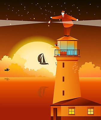 EPS 구름 어린이 컬러 여행 백그라운드 일러스트 교통시설 상상 등대 사람 야외 두명 빨간색 판타지 태양 노을 주황색 야간 아저씨 선박 어린이만 국내일러스트 자연요소 교통 수상교통 시설 파일형식 벡터