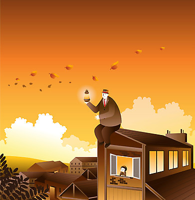 EPS 구름 어린이 백그라운드 낙엽 일러스트 상상 주택 사람 두명 판타지 일몰 아저씨 어린이만 국내일러스트 자연요소 잎 건물 노을 파일형식 벡터