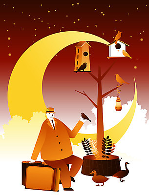 EPS 나무 구름 컬러 여행 백그라운드 일러스트 상상 조류 휴식 오리 한명 사람 판타지 여행가방 주황색 달 야간 아저씨 국내일러스트 자연요소 식물 동물 1 컨셉 가방 파일형식 벡터