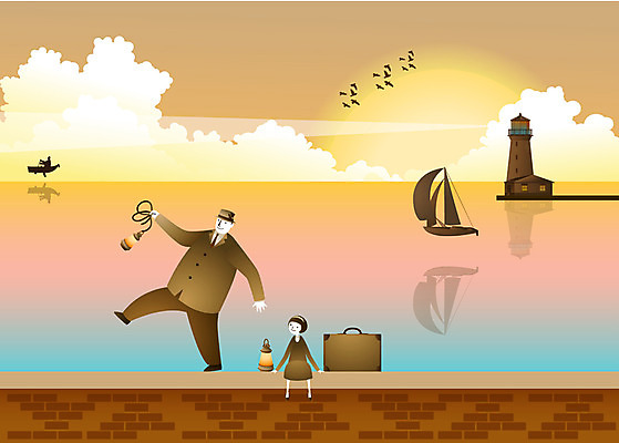 EPS 구름 어린이 바다 여행 백그라운드 일러스트 교통시설 상상 조류 등대 사람 야외 두명 판타지 일몰 아저씨 철새 선박 어린이만 국내일러스트 자연요소 동물 교통 수상교통 노을 시설 파일형식 벡터