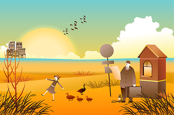 EPS 나무 구름 어린이 여행 백그라운드 일러스트 교통시설 상상 주택 오리 사람 야외 두명 판타지 태양 노을 표지판 풀 버스정류장 아저씨 철새 어린이만 국내일러스트 자연요소 식물 교통 조류 알림판 건물 역 시설 파일형식 벡터