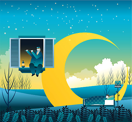 EPS 나무 구름 별 어린이 컬러 백그라운드 일러스트 창문 상상 밤하늘 휴식 사람 두명 파란색 판타지 달 침대 잠 풀잎 수면 야간 저녁 피리 아저씨 어린이만 국내일러스트 자연요소 식물 가구 컨셉 잎 하늘 물 풀_식물 목관악기 파일형식 벡터