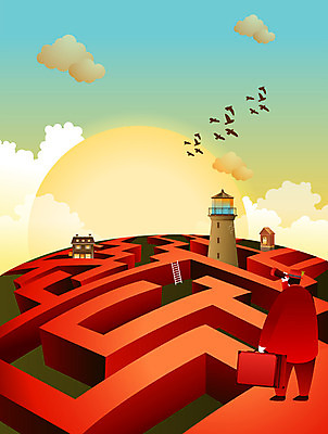 EPS 구름 컬러 백그라운드 일러스트 사다리 교통시설 상상 조류 등대 한명 사람 야외 빨간색 판타지 태양 노을 아저씨 미로 철새 난관 어려움 국내일러스트 자연요소 동물 1 교통 도구 시설 파일형식 벡터