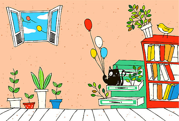 EPS 주간 식물 동물 구름 화분 가구 백그라운드 라인일러스트 일러스트 창문 조류 하늘 책장 실내 이벤트 사람없음 책 반려동물 고양이 알림 라인아트 서랍장 풍선 국내일러스트 자연요소 선 생활용품 포유류 내부 파일형식 벡터