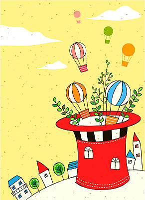 EPS 식물 구름 모자 잡화 백그라운드 잎 라인일러스트 일러스트 나뭇잎 주택 풍경 이벤트 사람없음 야외 건물 마을 열기구 알림 라인아트 마술사모자 국내일러스트 자연요소 모자_잡화 건축물 선 항공교통 파일형식 벡터