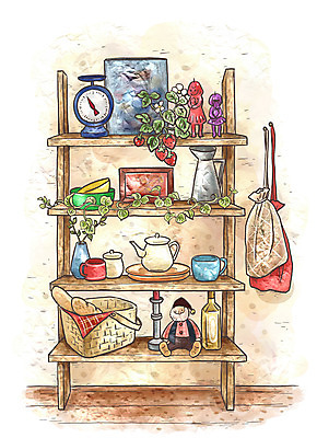 PSD 접시 빵 생활용품 액자 백그라운드 일러스트 페인터 딸기 주전자 주방용품 수채화 선반 실내 사람없음 장식 인테리어 바구니 주방 오브젝트 그림 서랍장 장식장 정리 국내일러스트 식기 디자인 음식 가구 과일 페인팅 내부 파일형식