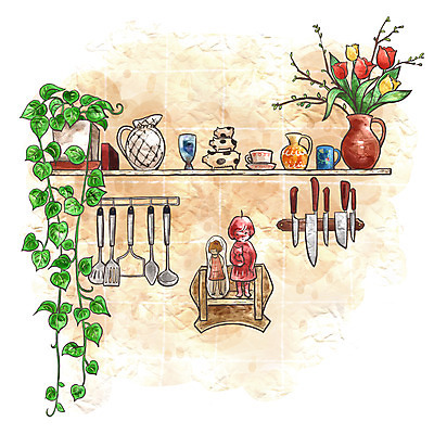 PSD 꽃 화분 인형 생활용품 백그라운드 일러스트 페인터 주전자 주방용품 수채화 선반 실내 사람없음 장식 컵 인테리어 주방 찻잔 오브젝트 국자 서랍장 장식장 정리 식칼 국내일러스트 식물 식기 디자인 가구 페인팅 잔 내부 파일형식