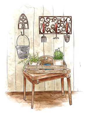 PSD 화분 백그라운드 의자 일러스트 페인터 탁자 수채화 실내 사람없음 장식 인테리어 모종삽 양동이 오브젝트 국내일러스트 디자인 가구 페인팅 내부 삽 파일형식