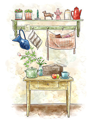 PSD 화분 인형 생활용품 백그라운드 일러스트 페인터 주전자 주방용품 수채화 선반 실내 사람없음 장식 인테리어 수건 주방 앞치마 오브젝트 서랍장 촛대 정리 벽걸이 국내일러스트 디자인 가구 페인팅 내부 위생용품 파일형식