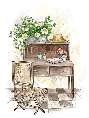 PSD 모자 꽃 화분 백그라운드 의자 일러스트 페인터 수채화 실내 사람없음 장식 책 인테리어 책상 오브젝트 국내일러스트 식물 디자인 잡화 가구 페인팅 내부 파일형식