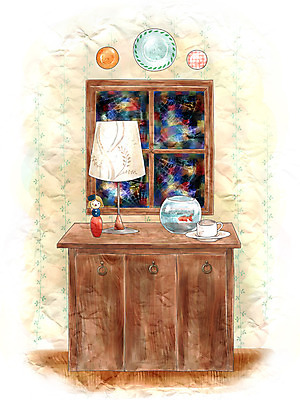 PSD 접시 인형 생활용품 백그라운드 일러스트 창문 페인터 주방용품 조명 수채화 실내 사람없음 장식 인테리어 주방 스탠드 어항 오브젝트 서랍장 금붕어 장식장 정리 국내일러스트 식기 디자인 가구 페인팅 어류 내부 파일형식