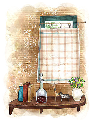 주간 PSD 생활용품 백그라운드 일러스트 창문 페인터 술병 유리병 수채화 선반 실내 사람없음 장식 책 인테리어 꽃병 커튼 오브젝트 장식장 국내일러스트 자연요소 디자인 꽃 가구 페인팅 병_용기 주류 내부 파일형식