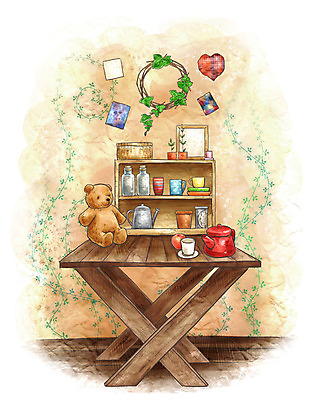 PSD 인형 가구 액자 백그라운드 과일 일러스트 페인터 식탁 탁자 주전자 수채화 실내 사람없음 인테리어 바구니 화환 곰인형 찻잔 찬장 오브젝트 장식장 국내일러스트 디자인 꽃 생활용품 페인팅 주방용품 잔 내부 파일형식