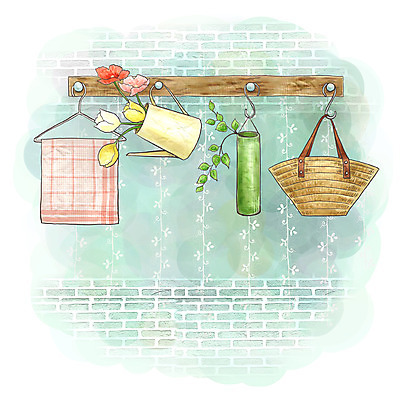 PSD 잡화 꽃 백그라운드 가방 일러스트 페인터 주전자 수채화 실내 사람없음 장식 인테리어 오브젝트 벽걸이 대나무통 행주 국내일러스트 식물 디자인 페인팅 주방용품 내부 청소도구 파일형식