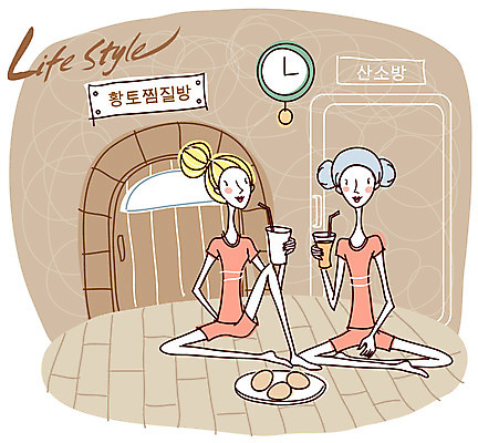EPS 우먼라이프 라이프스타일 접시 여자 음료 일러스트 휴식 디저트 실내 대화 사람 두명 친구 문 계란 벽시계 수다 찜질방 여자만 국내일러스트 식기 음식 시계 컨셉 관계 말하기 내부 생활 알 파일형식 벡터