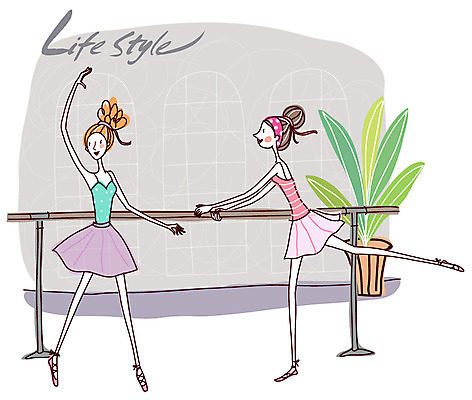 EPS 우먼라이프 라이프스타일 웰빙 여자 화분 포즈 다이어트 일러스트 창문 실내 건강 사람 두명 운동 댄서 춤 발레 연습 발레복 토슈즈 무용바 무용복 무용실 발레바 연습실 여자만 국내일러스트 직업 옷 신발 문화예술 내부 생활 파일형식 벡터