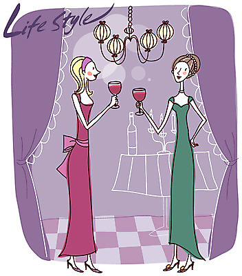 EPS 우먼라이프 라이프스타일 드레스 여자 와인잔 일러스트 탁자 전등 조명 실내 대화 사람 두명 파티 와인 모임 커튼 촛대 사교 사교모임 여자만 국내일러스트 옷 가구 술잔 주류 말하기 이벤트 내부 생활 파일형식 벡터
