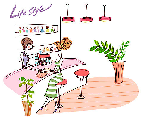 EPS 식물 우먼라이프 라이프스타일 여자 화분 의자 일러스트 탁자 전등 조명 실내 관리 사람 두명 뷰티 상점 전시 네일아트 진열장 매니큐어 네일샵 네일아티스트 여자만 국내일러스트 직업 가구 내부 생활 화장품 파일형식 벡터