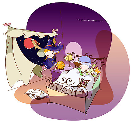 EPS 여자 기념일 어린이 인형 쿠션 일러스트 창문 상상 호박 주택 실내 선물 사람 소녀 이벤트 두명 10대 책 판타지 축제 침실 할로윈 침대 잠 커튼 수면 야간 저녁 마녀 방문 여자만 소녀만 국내일러스트 자연요소 가구 채소 청소년 내부 건물 물 어린이만 파일형식 벡터