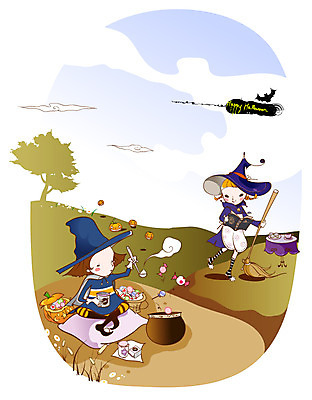 EPS 여자 기념일 남자 어린이 일러스트 상상 호박 요리 사람 소녀 이벤트 소년 두명 10대 판타지 과자 축제 할로윈 마녀 박쥐 십대만 국내일러스트 채소 포유류 청소년 디저트 파일형식 벡터