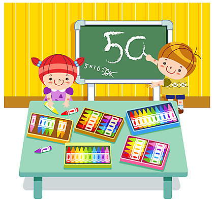 EPS 여자 어린이교육 교육 남자 초등학생 어린이 일러스트 교과목 교실 탁자 사람 소녀 소년 두명 숫자 칠판 수학 분필 크레파스 수학교육 숫자공부 어린이만 국내일러스트 문자 학생 가구 학교 학용품 학습 초크 파일형식 벡터