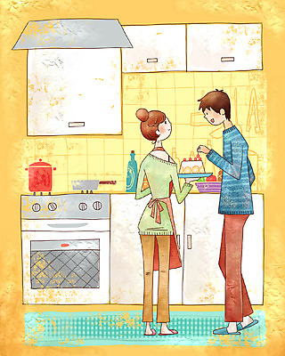 PSD 라이프스타일 커플 계절 여자 남자 행복 가사 겨울 일러스트 페인터 실내 사랑 요리 사람 두명 케이크 주방 오븐 국내일러스트 감정 관계 페인팅 디저트 내부 생활 가전제품 파일형식