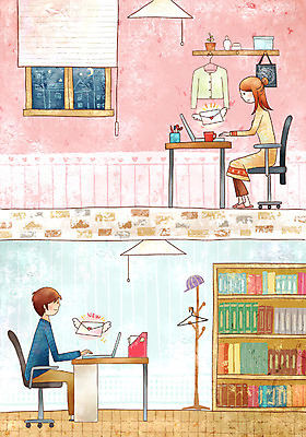 PSD 라이프스타일 커플 계절 여자 남자 행복 겨울 일러스트 창문 페인터 전등 책장 실내 사랑 사람 두명 컴퓨터 이메일 야간 편지 책상 서랍장 설레임 채팅 국내일러스트 자연요소 감정 가구 관계 페인팅 조명 내부 생활 전자제품 파일형식