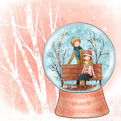 PSD 라이프스타일 커플 계절 여자 남자 행복 겨울 벤치 일러스트 페인터 사랑 사람 두명 장난감 스노글로브 국내일러스트 감정 의자 관계 페인팅 생활 장식 파일형식