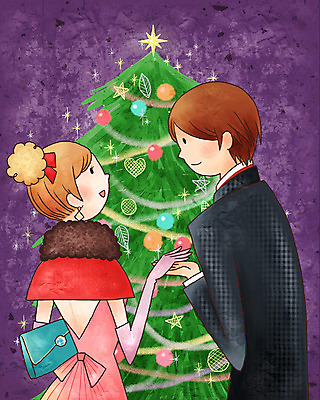 PSD 라이프스타일 커플 드레스 계절 여자 기념일 남자 행복 종교 크리스마스 겨울 일러스트 페인터 사랑 사람 정장 두명 크리스마스트리 파티 국내일러스트 옷 감정 관계 페인팅 이벤트 생활 파일형식