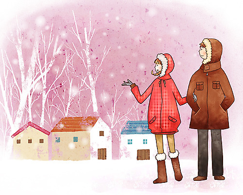 PSD 나무 라이프스타일 커플 계절 여자 남자 행복 겨울 데이트 일러스트 페인터 주택 사랑 사람 야외 두명 마을 산책 국내일러스트 식물 감정 관계 페인팅 휴식 건물 생활 파일형식