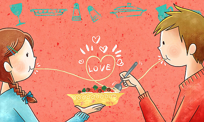 PSD 라이프스타일 커플 계절 여자 남자 행복 겨울 일러스트 페인터 스파게티 사랑 사람 두명 식사 국내일러스트 감정 관계 페인팅 파스타 생활 파일형식