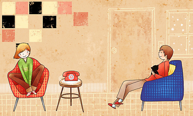 PSD 라이프스타일 커플 계절 여자 남자 행복 겨울 거실 의자 일러스트 페인터 휴식 실내 사랑 사람 두명 고양이 편안함 전화기 국내일러스트 감정 가구 컨셉 포유류 관계 페인팅 내부 생활 반려동물 감각 파일형식