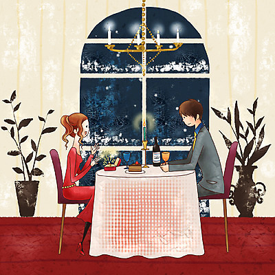 PSD 라이프스타일 커플 계절 여자 남자 행복 프로포즈 겨울 데이트 일러스트 페인터 기념 실내 사랑 사람 두명 레스토랑 야간 외식 국내일러스트 자연요소 감정 관계 페인팅 내부 생활 식당 파일형식