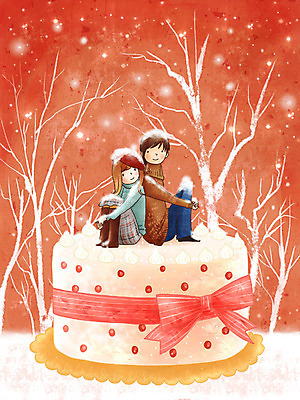라이프스타일 커플 여자 남자 겨울 일러스트 눈꽃 사랑 사람 이벤트 케이크 국내일러스트 계절 감정 관계 디저트 눈_날씨 생활