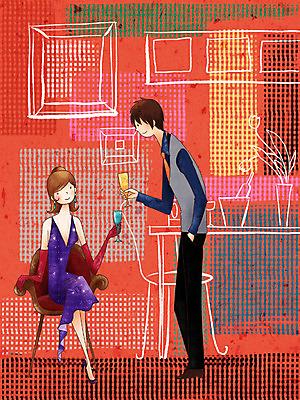 전신 PSD 라이프스타일 커플 드레스 계절 여자 남자 행복 겨울 데이트 일러스트 페인터 실내 사랑 사람 정장 두명 청춘 파티 와인 칵테일 바 선술집 술집 국내일러스트 옷 감정 컨셉 관계 페인팅 주류 이벤트 내부 생활 파일형식