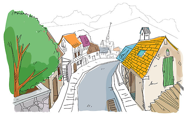 EPS 나무 건축 도로 길 백그라운드 일러스트 교통시설 주택 풍경 사람없음 야외 건물 마을 도시 스케치 주택가 국내일러스트 식물 건축물 교통 미술 시설 파일형식 벡터