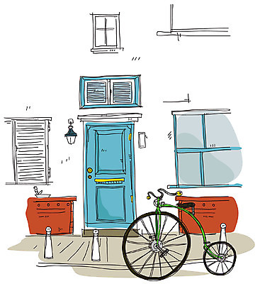 EPS 건축 백그라운드 일러스트 거리 주택 풍경 사람없음 야외 건물 자전거 도시 현관문 도보 국내일러스트 건축물 문 바이크 파일형식 벡터