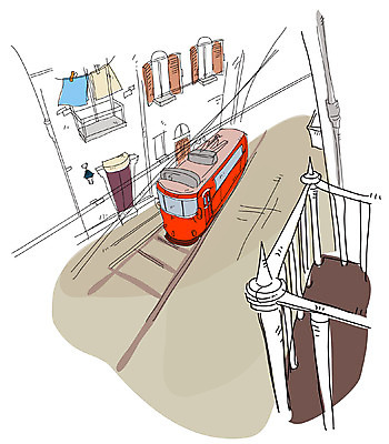 EPS 건축 도로 길 백그라운드 일러스트 난간 교통시설 거리 주택 풍경 사람없음 야외 건물 기찻길 도시 전철 스케치 전차 철도의날 국내일러스트 건축물 육상교통 교통 대중교통 미술 시설 파일형식 벡터 법정기념일