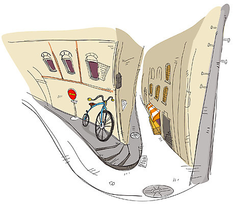 EPS 건축 도로 길 백그라운드 일러스트 교통시설 주택 풍경 사람없음 야외 건물 자전거 도시 골목길 전봇대 맨홀 국내일러스트 건축물 공공시설 교통 바이크 시설 파일형식 벡터