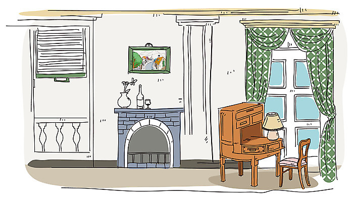 EPS 백그라운드 거실 일러스트 창문 주택 실내 풍경 사람없음 인테리어 스탠드 도시 커튼 스케치 벽난로 화장대 국내일러스트 디자인 가구 조명 미술 내부 건물 파일형식 벡터